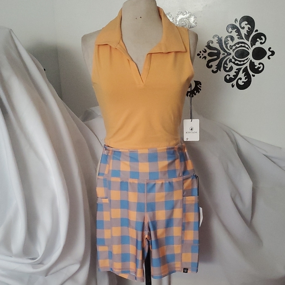 Body Glove Orange & Blue Plaid High-Waist Shorts & Shirt set.